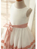 Ivory Taffeta Pink Stripes Knee Length Flower Girl Dress  